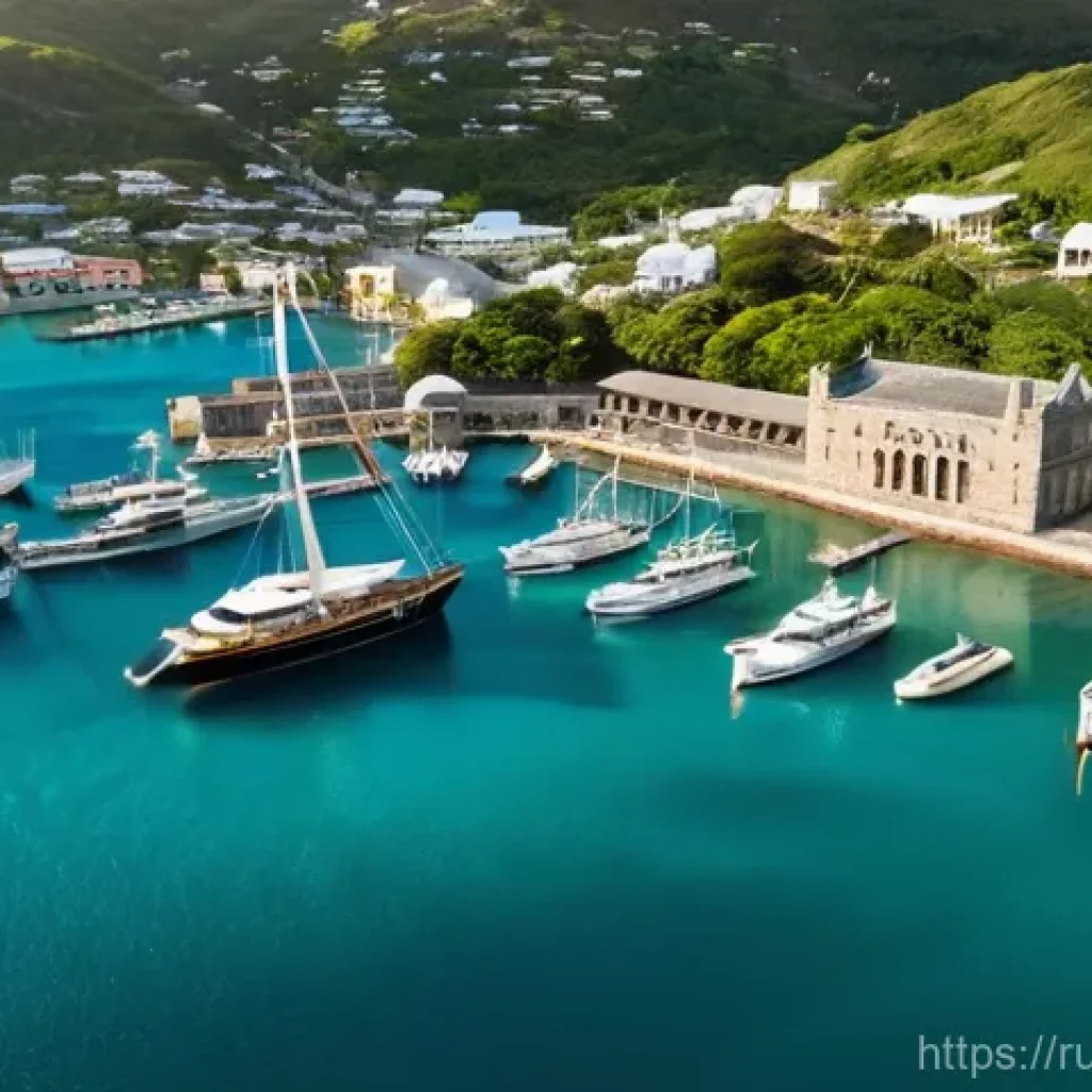 앤티가 바부다 닐슨 도크야드 - **Prompt:** A picturesque aerial view of Nelson's Dockyard in Antigua, showcasing the harmonious ble...