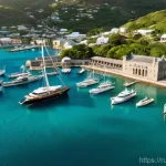 앤티가 바부다 닐슨 도크야드 - **Prompt:** A picturesque aerial view of Nelson's Dockyard in Antigua, showcasing the harmonious ble...