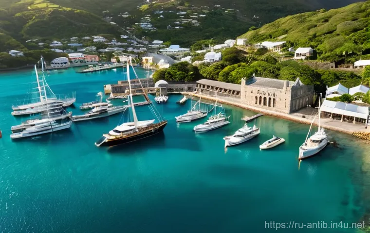 앤티가 바부다 닐슨 도크야드 - **Prompt:** A picturesque aerial view of Nelson's Dockyard in Antigua, showcasing the harmonious ble...